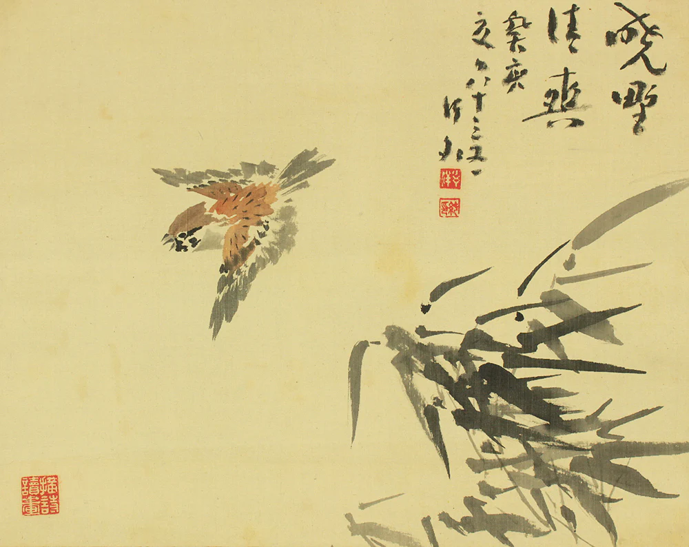 姫島竹外 Himejima Chikugai (1840-1928) Japanese antique art kakejiku kakemono wall hanging scroll / Sparrow and Bamboo with Appraised Box RD364 - Image 4