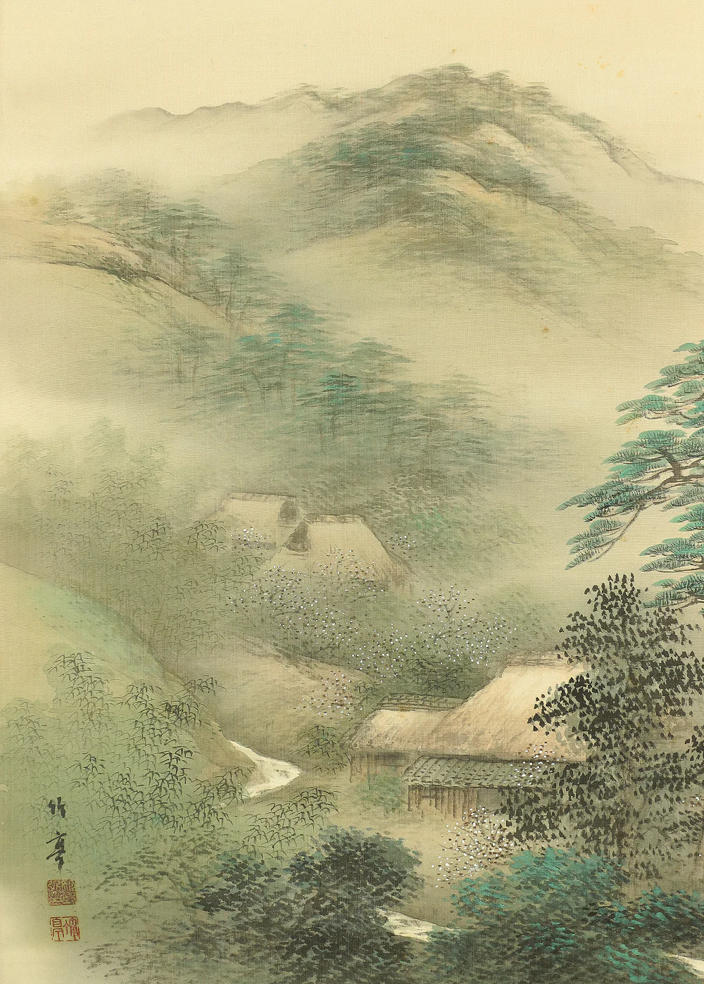 姫島竹亭 Himejima Chikutei Japanese antique art kakejiku kakemono wall hanging scroll / Country House in Foggy Morning Scenery with Box A202 - Image 10