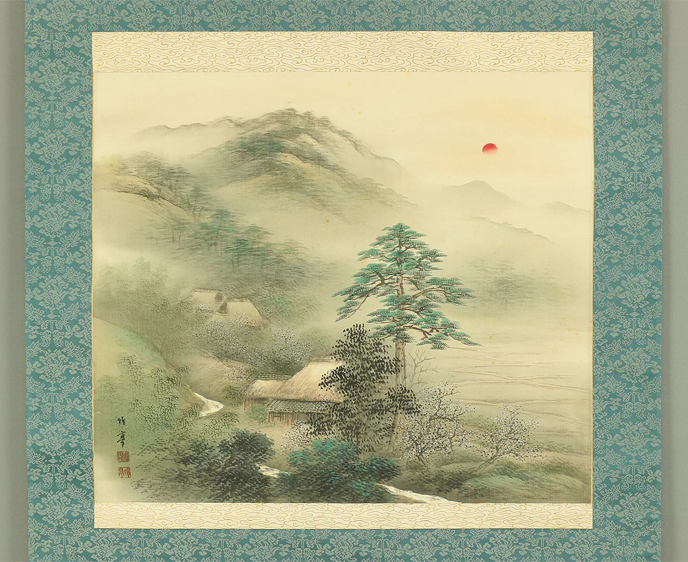 姫島竹亭 Himejima Chikutei Japanese antique art kakejiku kakemono wall hanging scroll / Country House in Foggy Morning Scenery with Box A202 - Image 3
