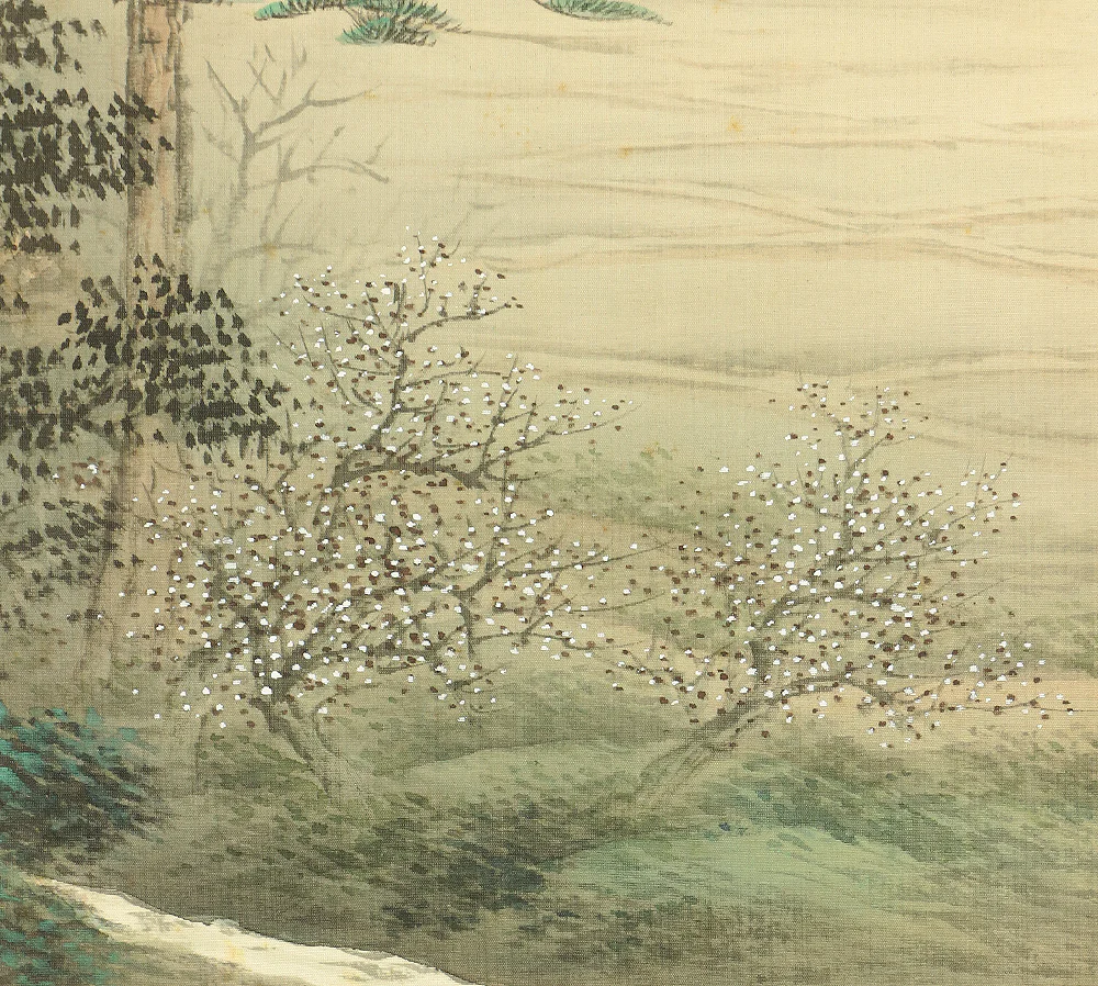姫島竹亭 Himejima Chikutei Japanese antique art kakejiku kakemono wall hanging scroll / Country House in Foggy Morning Scenery with Box A202 - Image 9