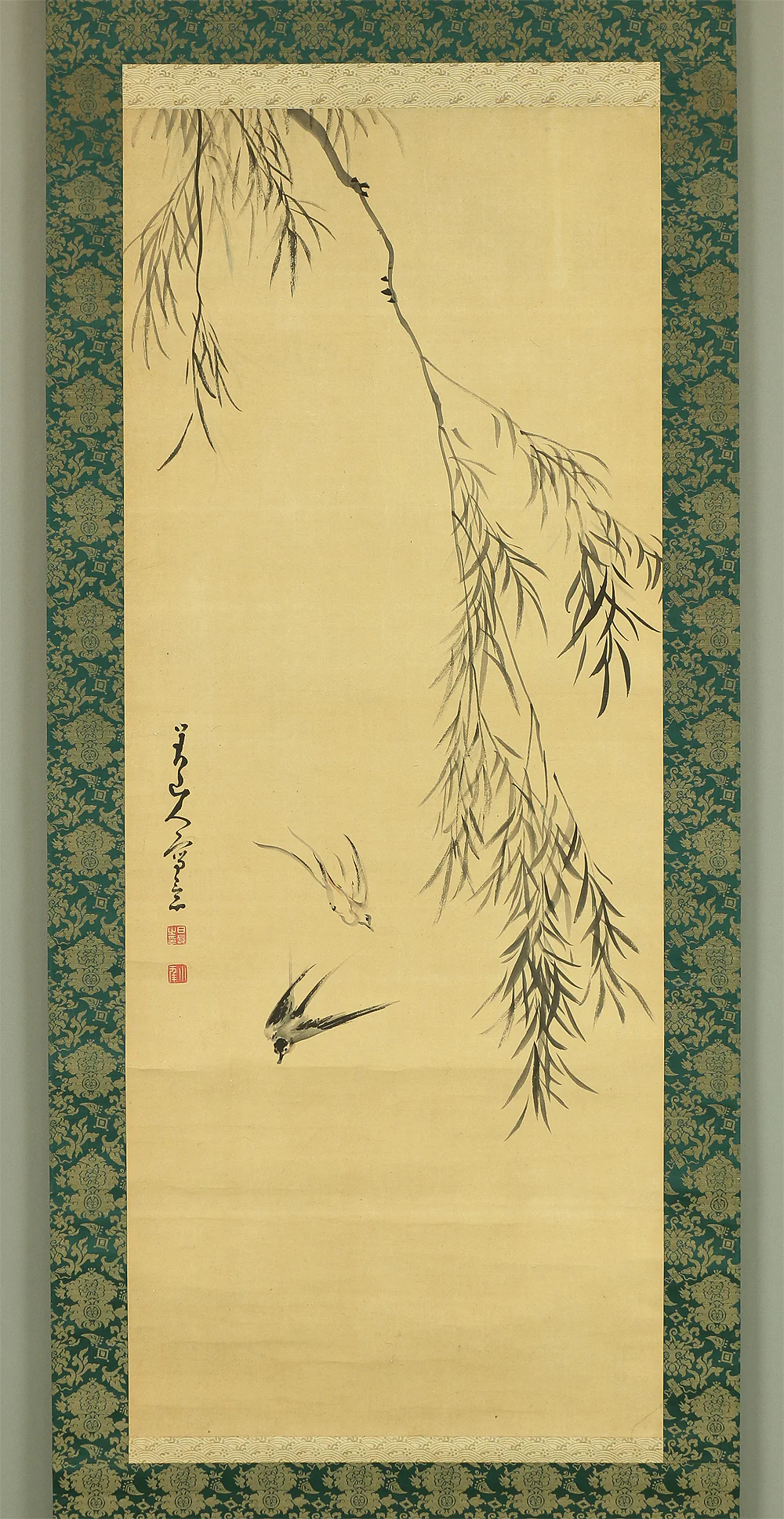 日根対山 Hine Taizan (1813-1869) Japanese antique art kakejiku kakemono wall hanging scroll / Two Swallows and Willow with Box RA661