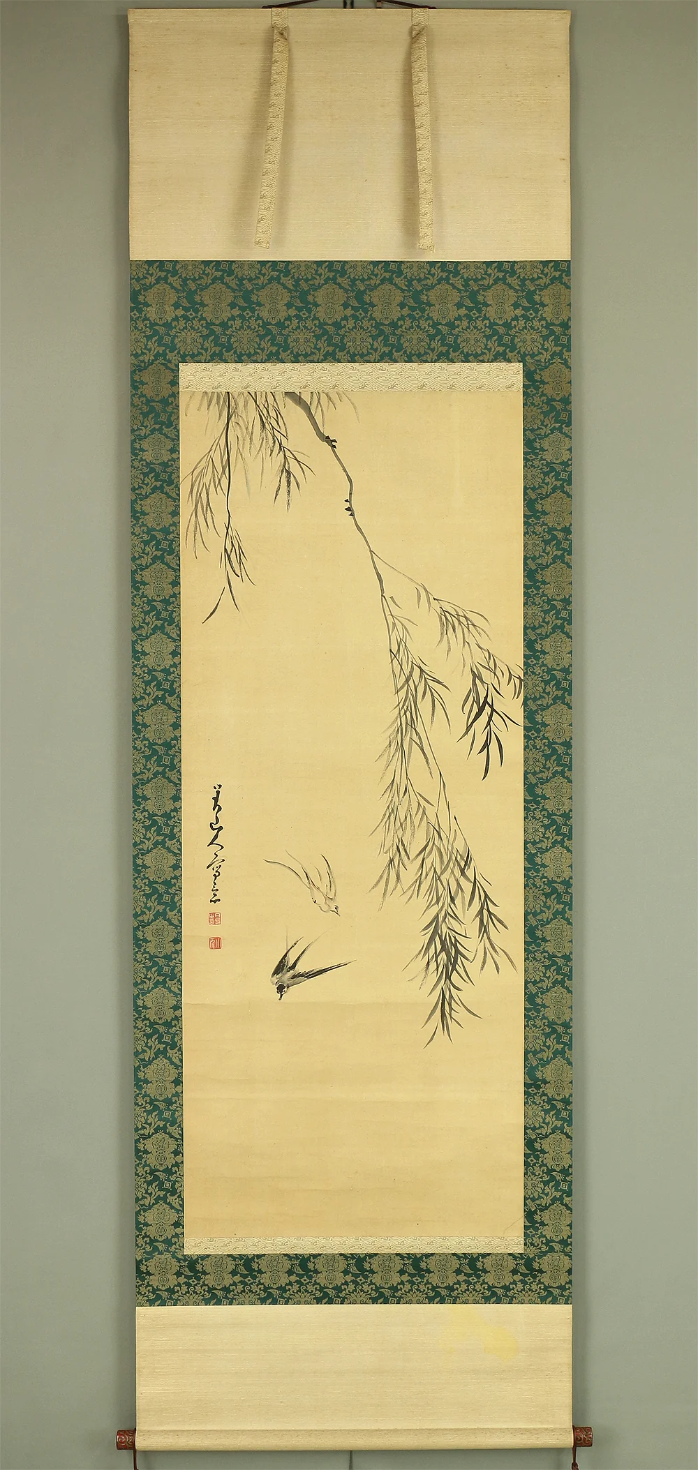 日根対山 Hine Taizan (1813-1869) Japanese antique art kakejiku kakemono wall hanging scroll / Two Swallows and Willow with Box RA661 - Image 2