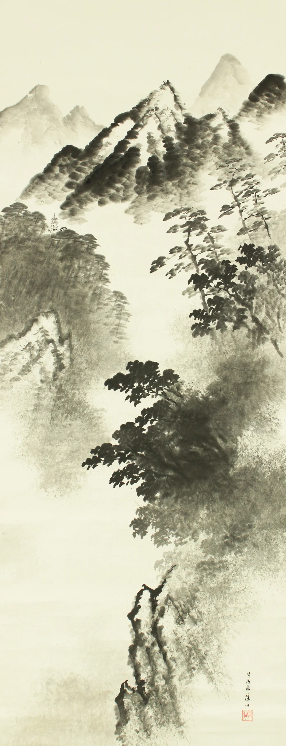 平井楳仙 Hirai Baisen (1889-1969) Japanese art kakejiku kakemono wall hanging scroll / Suiboku Ink Foggy Mountains Landscape with Original Box (Tomobako) RD238 - Image 4