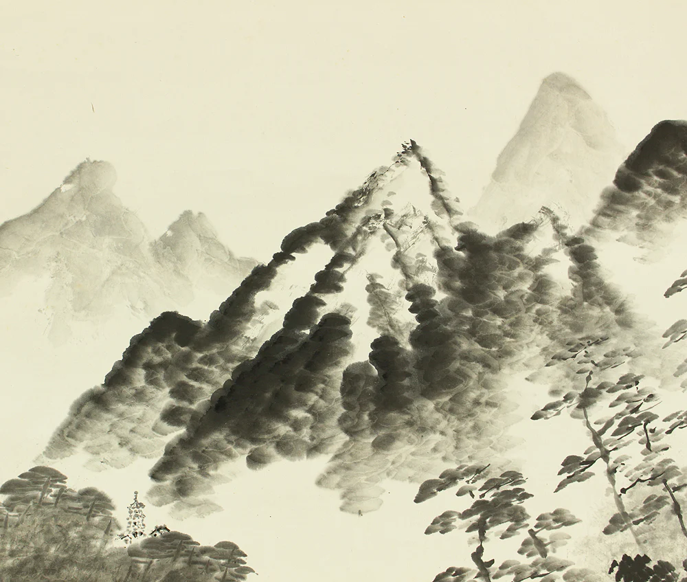 平井楳仙 Hirai Baisen (1889-1969) Japanese art kakejiku kakemono wall hanging scroll / Suiboku Ink Foggy Mountains Landscape with Original Box (Tomobako) RD238 - Image 6