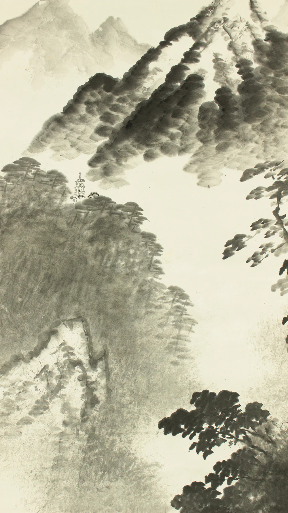 平井楳仙 Hirai Baisen (1889-1969) Japanese art kakejiku kakemono wall hanging scroll / Suiboku Ink Foggy Mountains Landscape with Original Box (Tomobako) RD238 - Image 8
