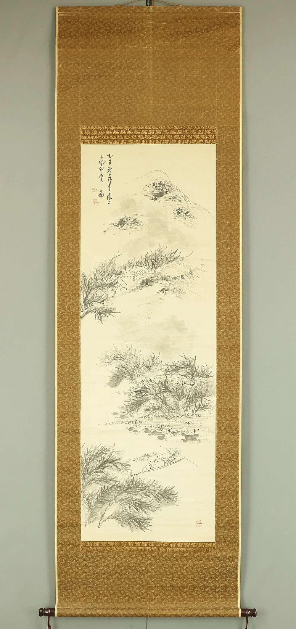 平野五岳 Hirano Gogaku (1811-1893) Japanese antique art kakejiku kakemono wall hanging scroll / Ferryboat and Mountain Village in Windy Day Sansui Landscape RB308 - Image 2