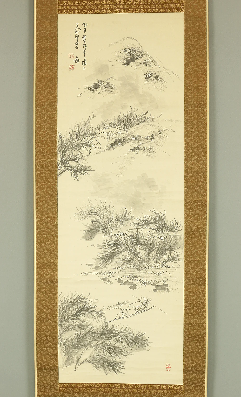 平野五岳 Hirano Gogaku (1811-1893) Japanese antique art kakejiku kakemono wall hanging scroll / Ferryboat and Mountain Village in Windy Day Sansui Landscape RB308 - Image 3