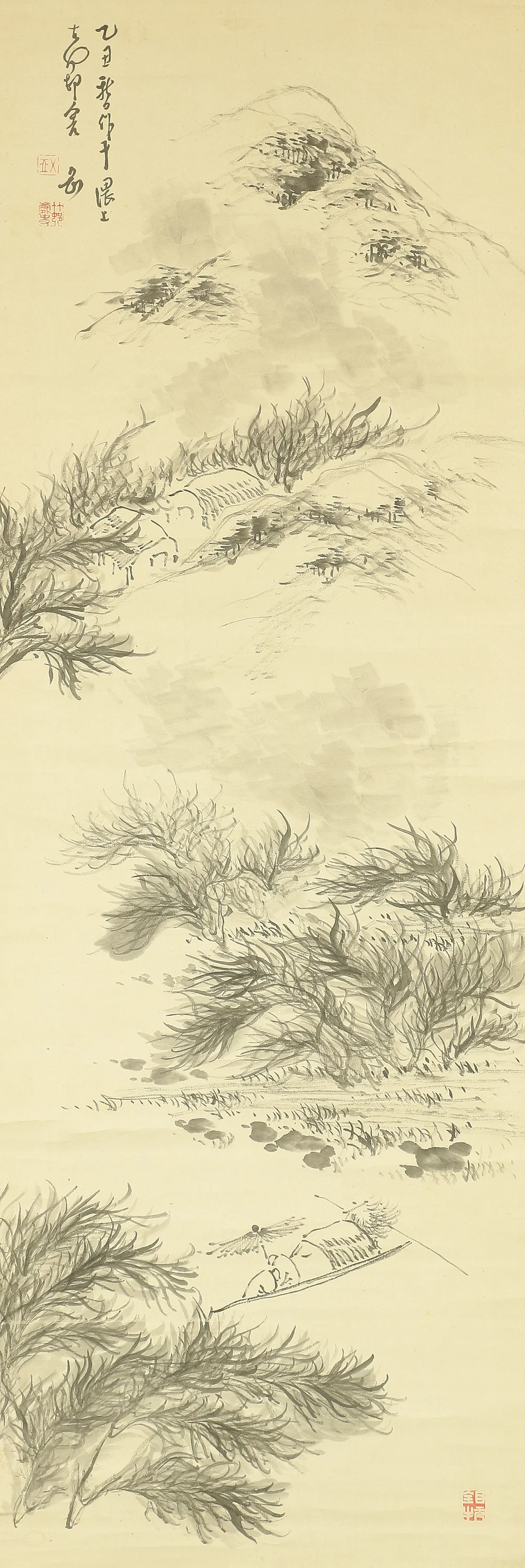 平野五岳 Hirano Gogaku (1811-1893) Japanese antique art kakejiku kakemono wall hanging scroll / Ferryboat and Mountain Village in Windy Day Sansui Landscape RB308 - Image 5