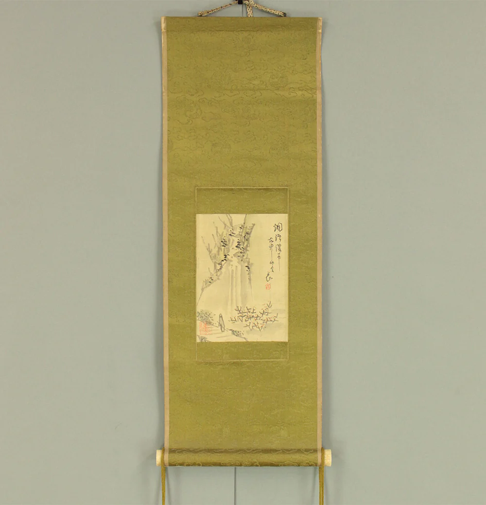 平野五岳 Hirano Gogaku (1811-1893) Japanese antique art kakejiku kakemono wall hanging scroll / White Satin - Wise Man Waterfall Viewing Landscape RD304 - Image 2