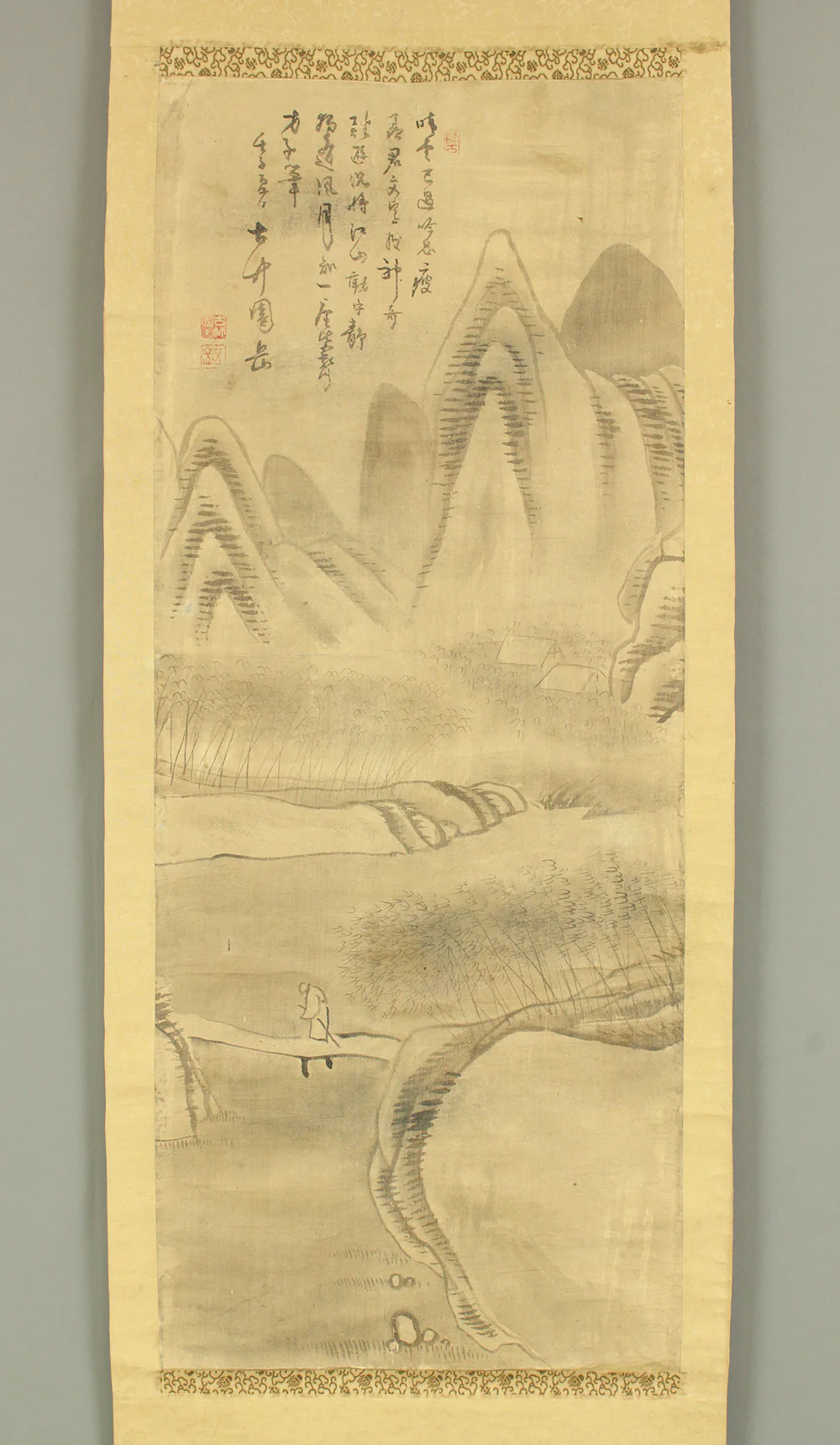 平野五岳 Hirano Gogaku (1811-1893) Japanese antique art kakejiku kakemono wall hanging scroll / Mountain River Bamboo Forest Landscape, Wise Man Crossing Bridge RC892
