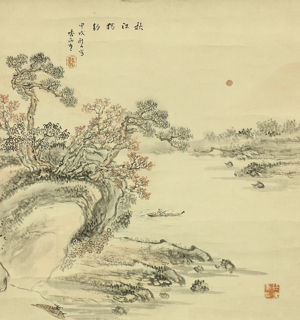 帆足杏雨 Hoashi Kyou (1810-1884) Japanese antique art kakejiku kakemono wall hanging scroll / Fishing in Autumn Landscape Sansui with Box A356 - Image 4