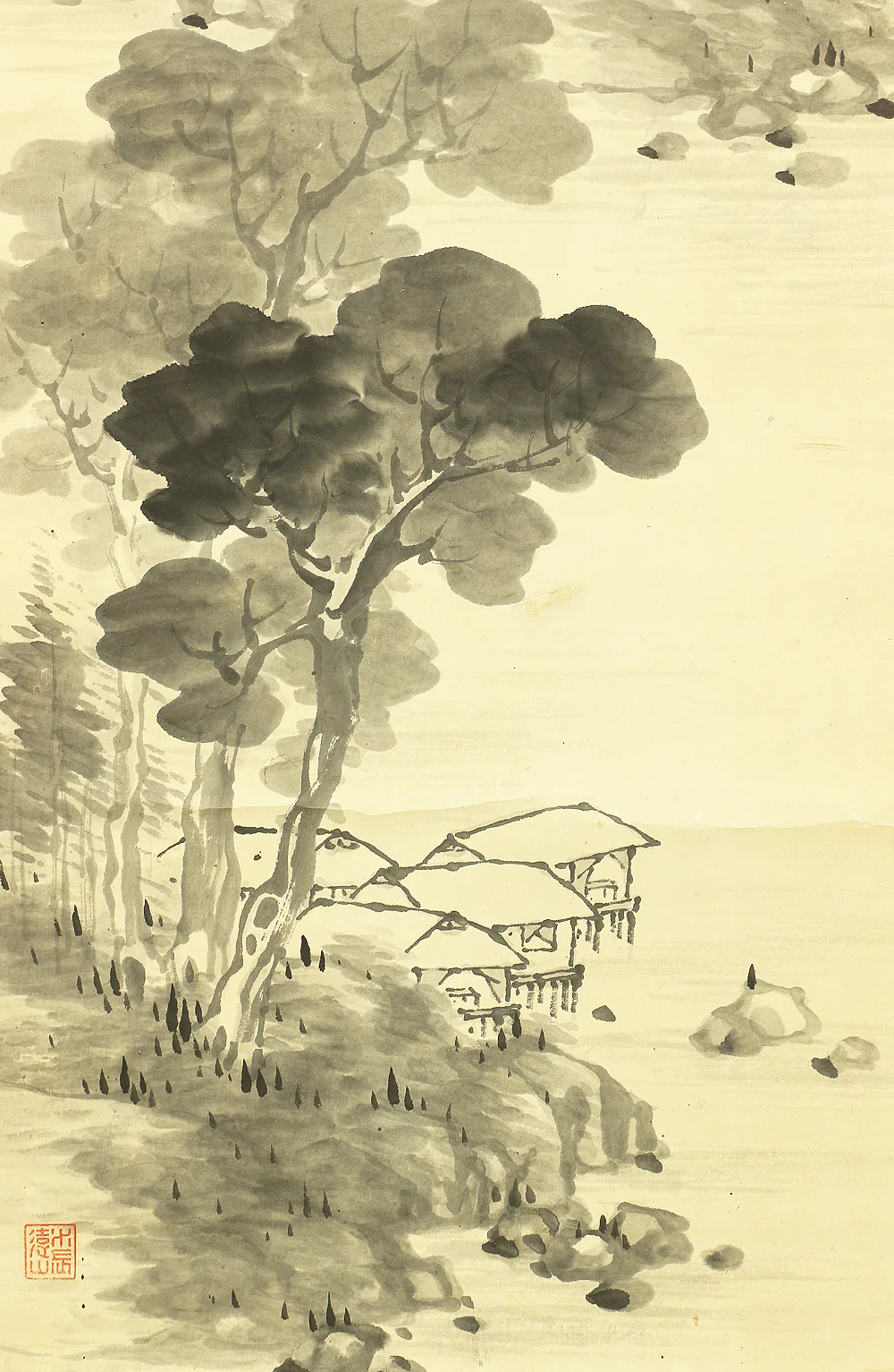 古川秋蓬 Hurukawa Shuho (1851-1926) Japanese antique art kakejiku kakemono wall hanging scroll / Ink Landscape Sansui Waterside Hut RB339 - Image 14
