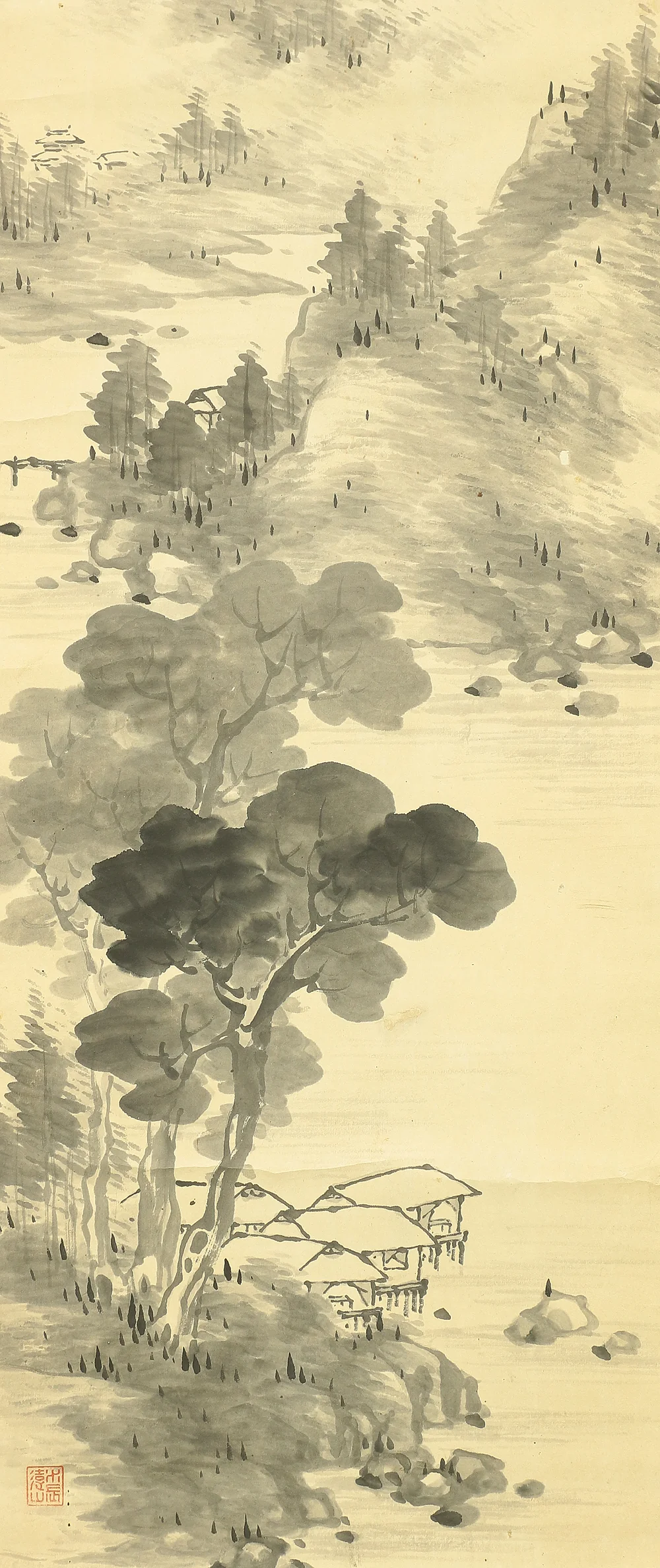 古川秋蓬 Hurukawa Shuho (1851-1926) Japanese antique art kakejiku kakemono wall hanging scroll / Ink Landscape Sansui Waterside Hut RB339 - Image 9