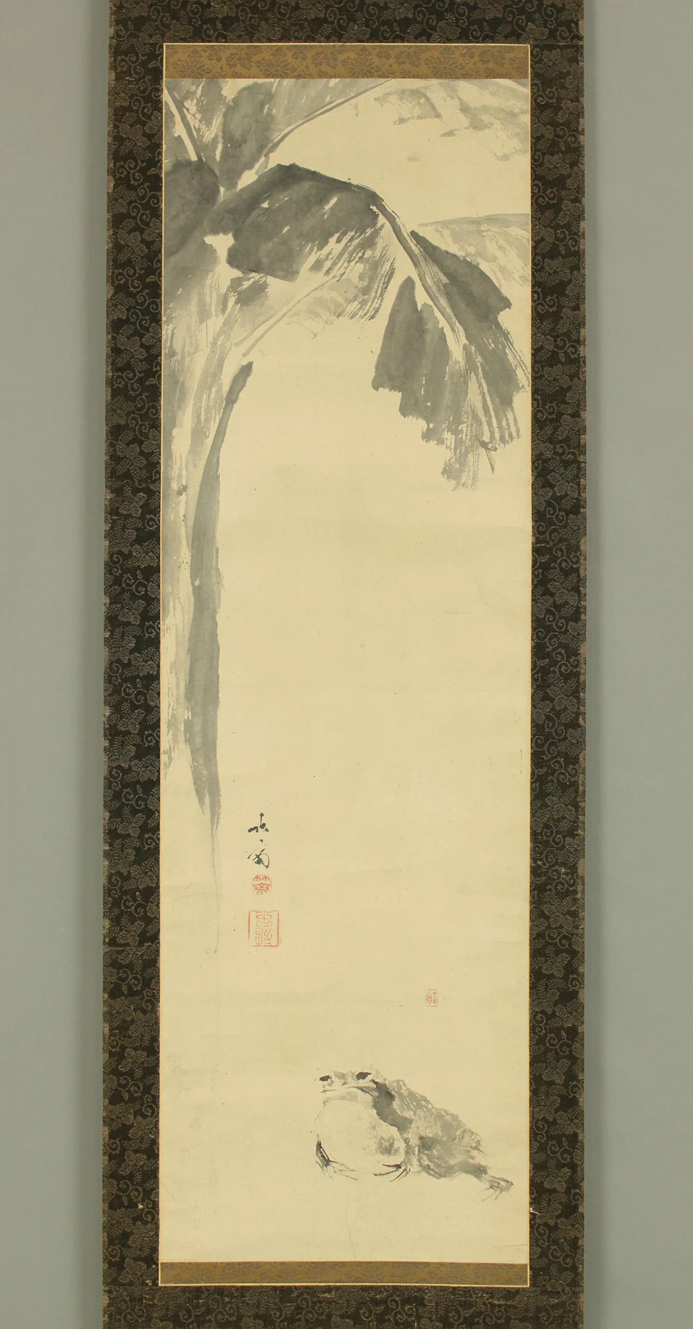 飯塚竹斎 Iizuka Chikusai (1796-1861) Japanese antique art kakejiku kakemono wall hanging scroll / Banana Tree and Frog with Box RD540