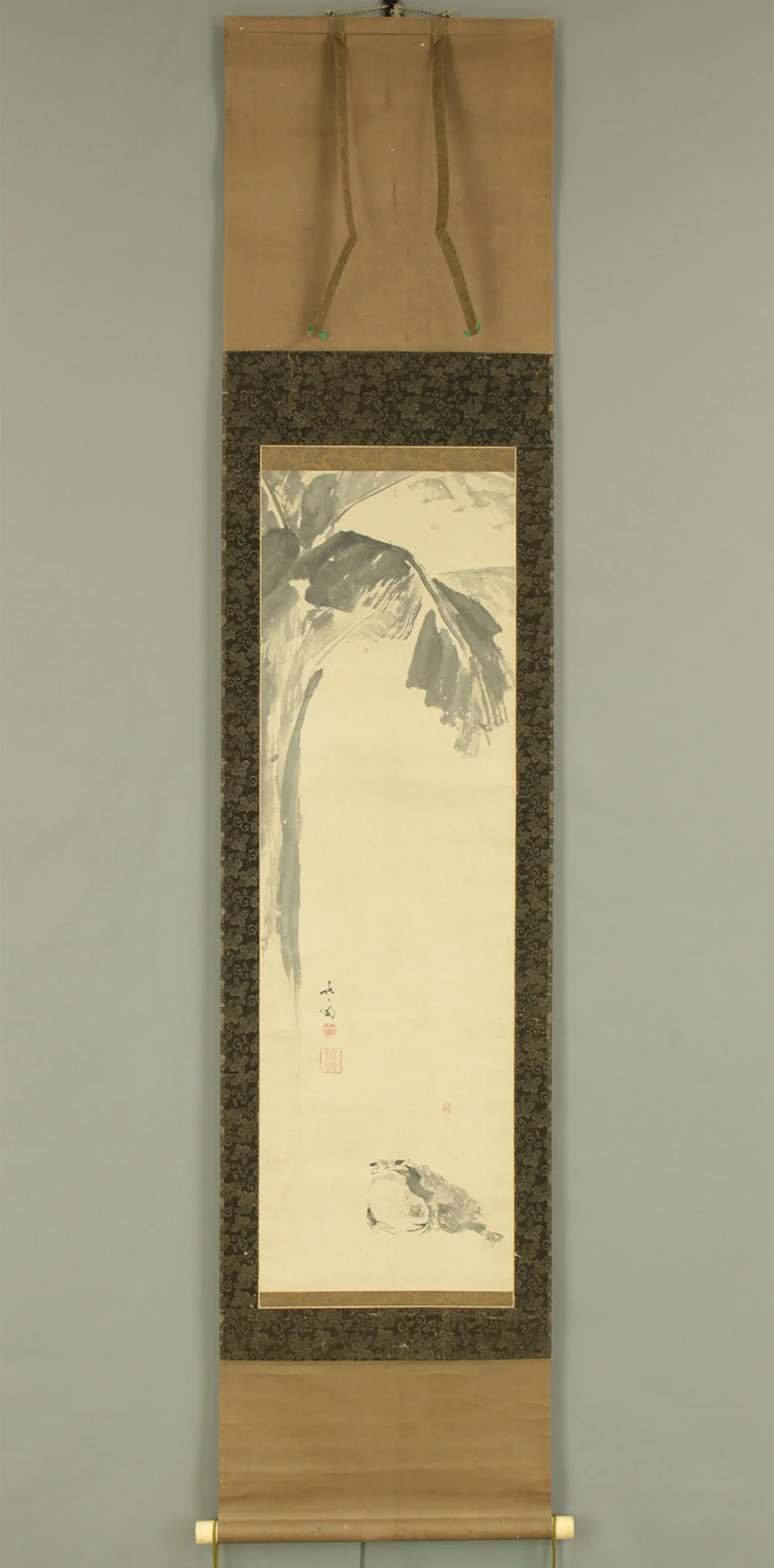 飯塚竹斎 Iizuka Chikusai (1796-1861) Japanese antique art kakejiku kakemono wall hanging scroll / Banana Tree and Frog with Box RD540 - Image 2