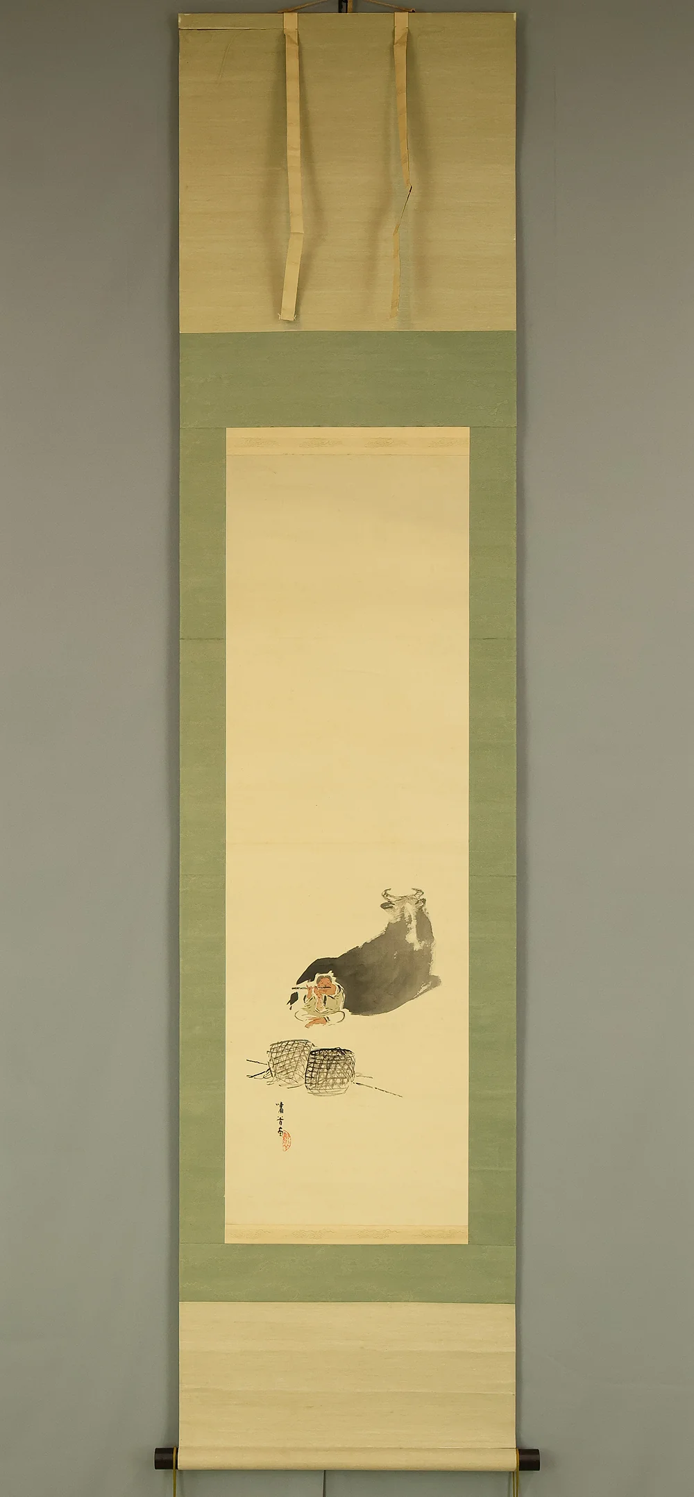 猪飼嘯谷 Ikai Shokoku (1881-1939) Japanese art kakejiku kakemono wall hanging scroll / Cowherd Playing Flute Behind Reclining Cow with Box RE262 - Image 2