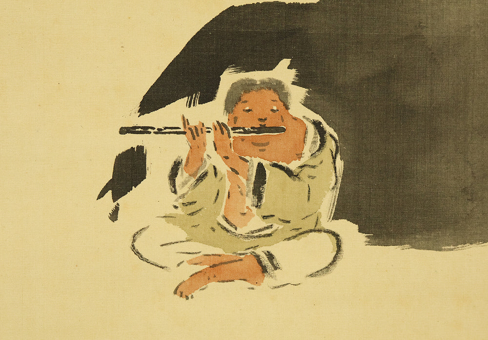 猪飼嘯谷 Ikai Shokoku (1881-1939) Japanese art kakejiku kakemono wall hanging scroll / Cowherd Playing Flute Behind Reclining Cow with Box RE262 - Image 8
