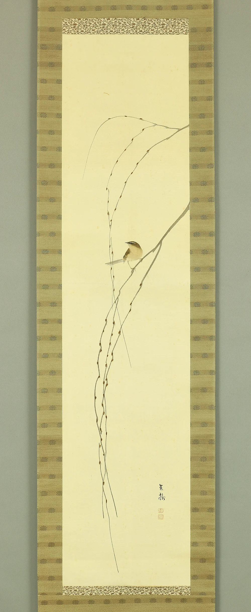今井景樹 Imai Keiju (1891-1967) Japanese art kakejiku kakemono wall hanging scroll / Bush Warbler Nightingale on Willow Branch with Original Box (Tomobako) A425 - Image 3