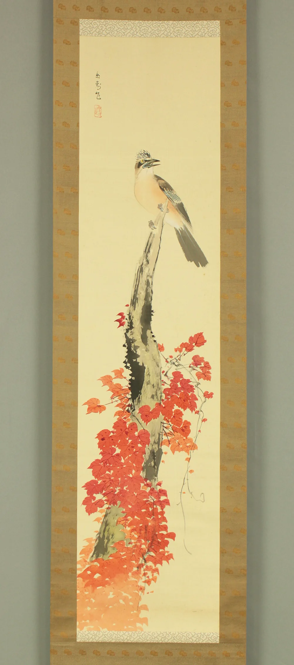 今井景樹 Imai Keiju (1891-1967) Japanese art kakejiku kakemono wall hanging scroll / Mountain Bird and Autumn Leaves with Original Box (Tomobako) RD613