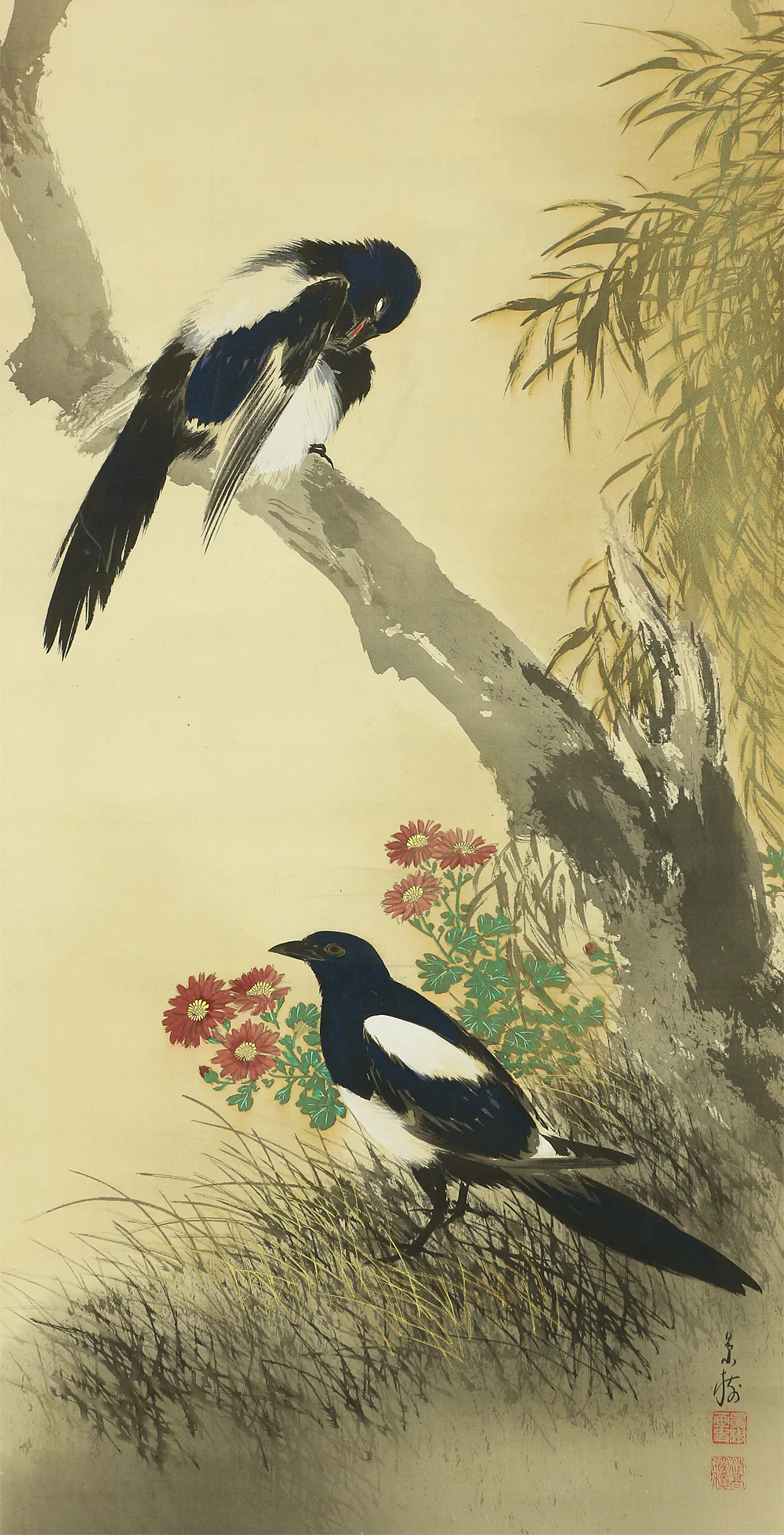 今井景樹 Imai Keiju (1891-1967) Japanese art kakejiku kakemono wall hanging scroll / Two Magpies and Flowers with Box A659 - Image 6
