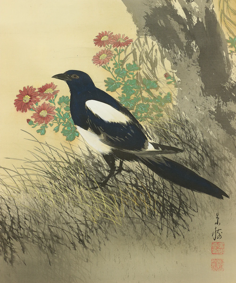 今井景樹 Imai Keiju (1891-1967) Japanese art kakejiku kakemono wall hanging scroll / Two Magpies and Flowers with Box A659 - Image 9