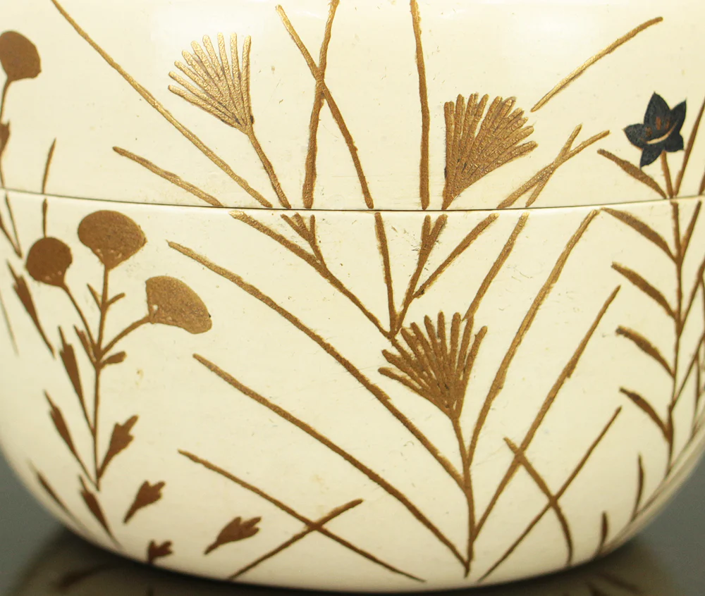 稲井玉甫 Inai Gyokuho White Lacquer Spring Flowers and Plants Makie Natsume Tea Caddy with Original Box (Tomobako) VA707 - Image 12