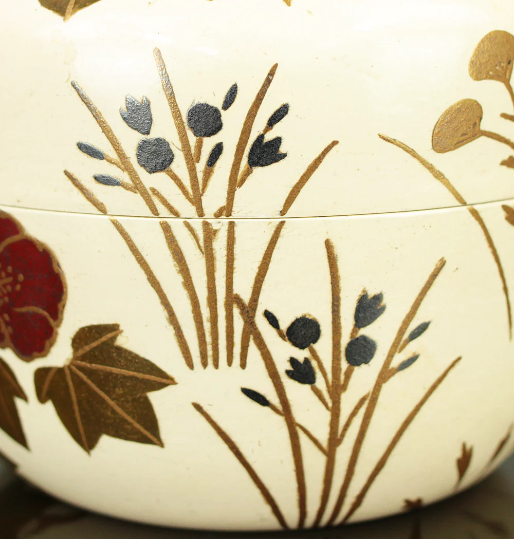 稲井玉甫 Inai Gyokuho White Lacquer Spring Flowers and Plants Makie Natsume Tea Caddy with Original Box (Tomobako) VA707 - Image 14