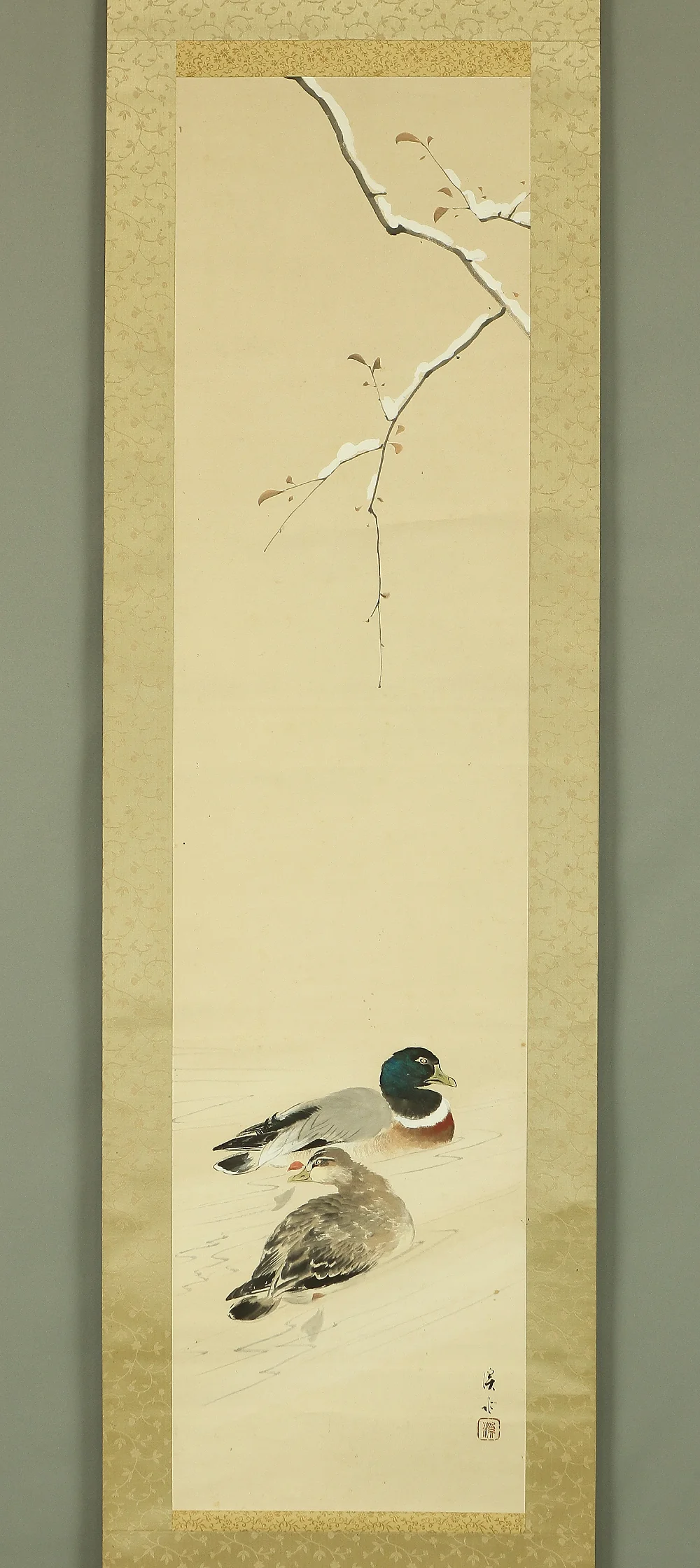 伊藤渓水 Ito Keisui (1879-1967) Japanese art kakejiku kakemono wall hanging scroll / Winter Landscape Two Ducks with Orignal Box (Tomobako) RA888 - Image 3