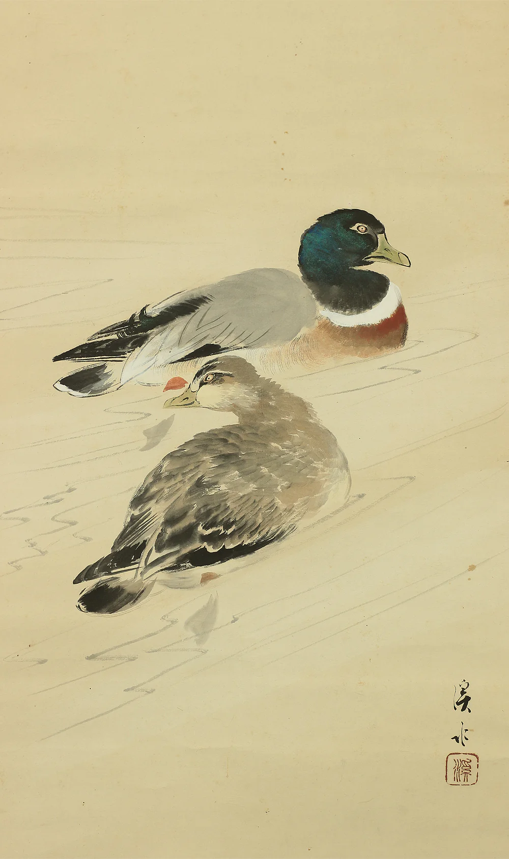 伊藤渓水 Ito Keisui (1879-1967) Japanese art kakejiku kakemono wall hanging scroll / Winter Landscape Two Ducks with Orignal Box (Tomobako) RA888 - Image 8