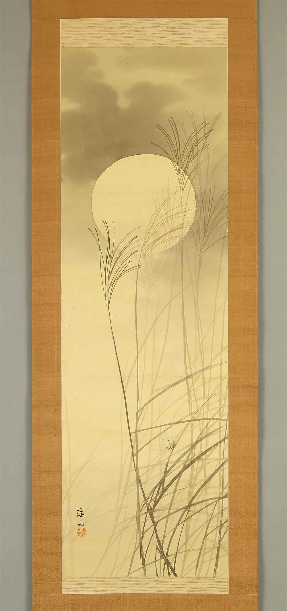 伊藤渓水 Ito Keisui (1879-1967) Japanese art paired kakejiku kakemono wall hanging scrolls / Spring Crescent Moon, Weeping Cherry Blossoms, Autumn Full Moon, and Bell Cricket Perched on Silver Grass with Box RE585 - Image 16