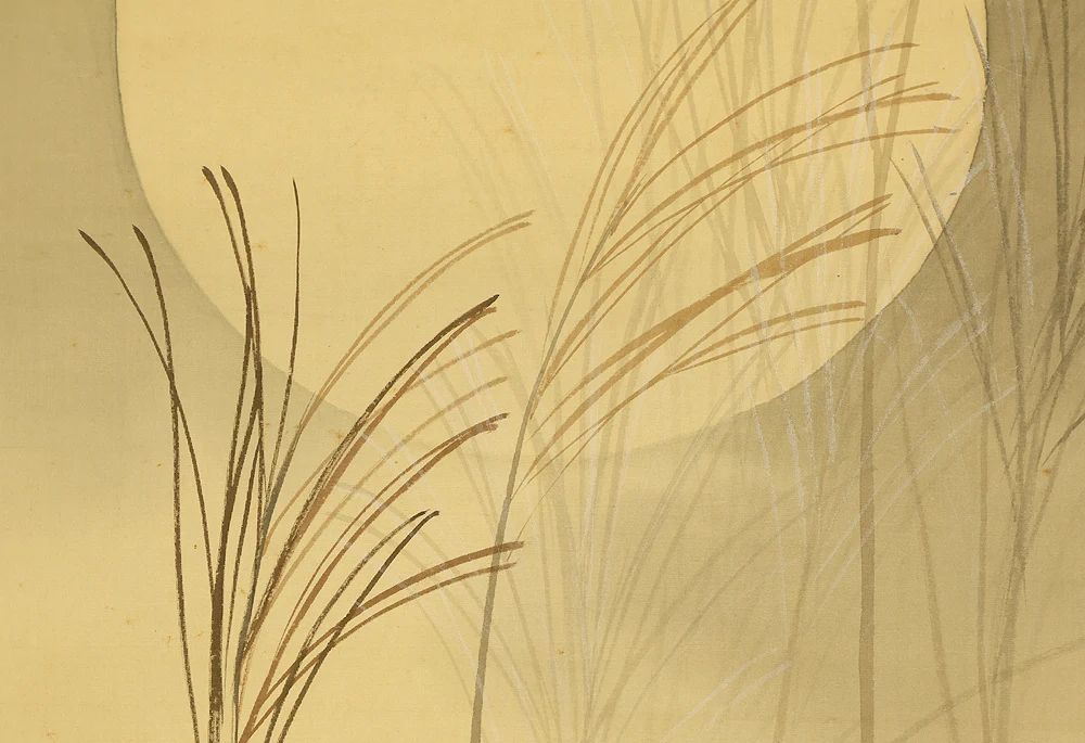 伊藤渓水 Ito Keisui (1879-1967) Japanese art paired kakejiku kakemono wall hanging scrolls / Spring Crescent Moon, Weeping Cherry Blossoms, Autumn Full Moon, and Bell Cricket Perched on Silver Grass with Box RE585 - Image 21