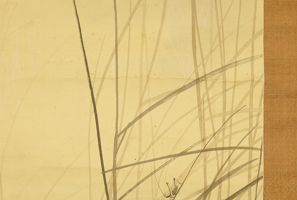 伊藤渓水 Ito Keisui (1879-1967) Japanese art paired kakejiku kakemono wall hanging scrolls / Spring Crescent Moon, Weeping Cherry Blossoms, Autumn Full Moon, and Bell Cricket Perched on Silver Grass with Box RE585 - Image 27