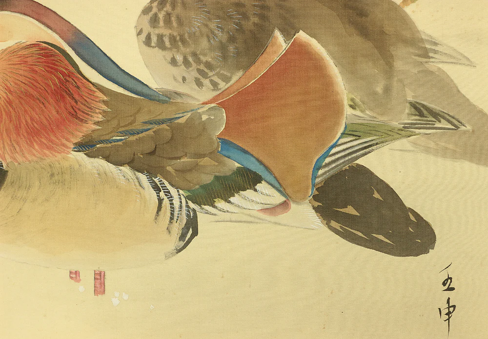 伊藤素軒 Ito Soken (1876-1956) Japanese art kakejiku kakemono wall hanging scroll / Winter Snowy Landscape, Mandarin Duck and Plum Bamboos with Box RC726 - Image 12