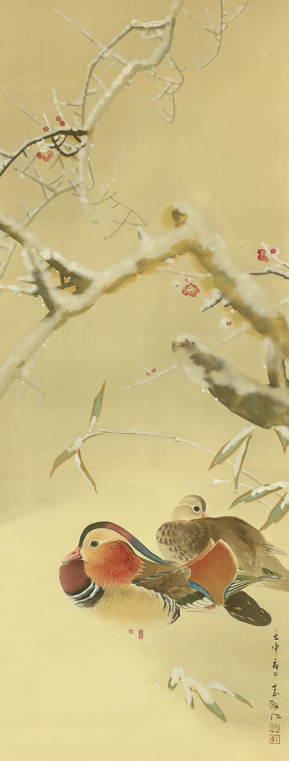 伊藤素軒 Ito Soken (1876-1956) Japanese art kakejiku kakemono wall hanging scroll / Winter Snowy Landscape, Mandarin Duck and Plum Bamboos with Box RC726 - Image 4
