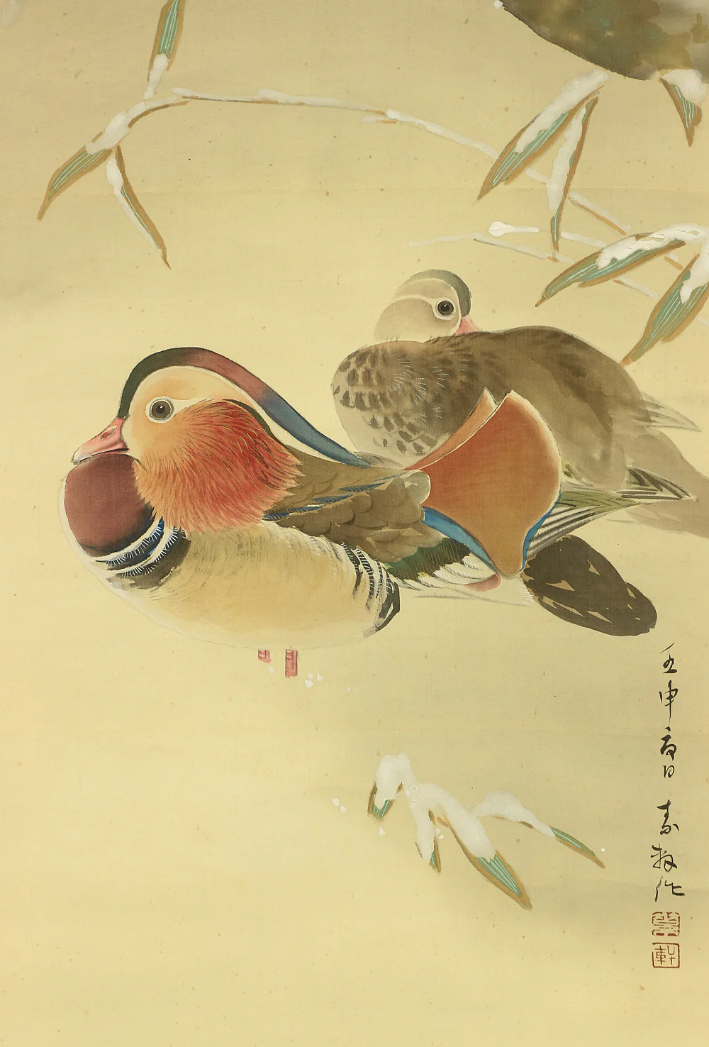 伊藤素軒 Ito Soken (1876-1956) Japanese art kakejiku kakemono wall hanging scroll / Winter Snowy Landscape, Mandarin Duck and Plum Bamboos with Box RC726 - Image 9