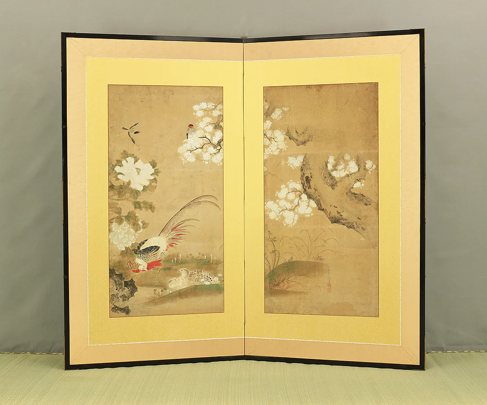 伊徳栄茂 Itoku Eimo Byobu Folding Screen Room divider Two panels / 'Cherry Blossoms, Peony, and Birds' VA352
