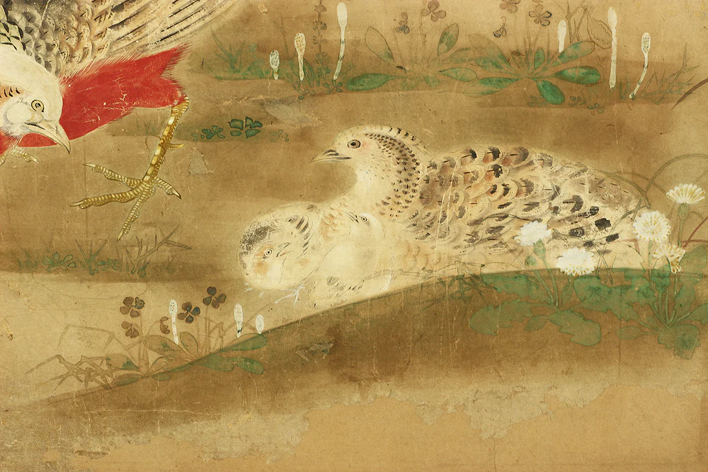 伊徳栄茂 Itoku Eimo Byobu Folding Screen Room divider Two panels / 'Cherry Blossoms, Peony, and Birds' VA352 - Image 17