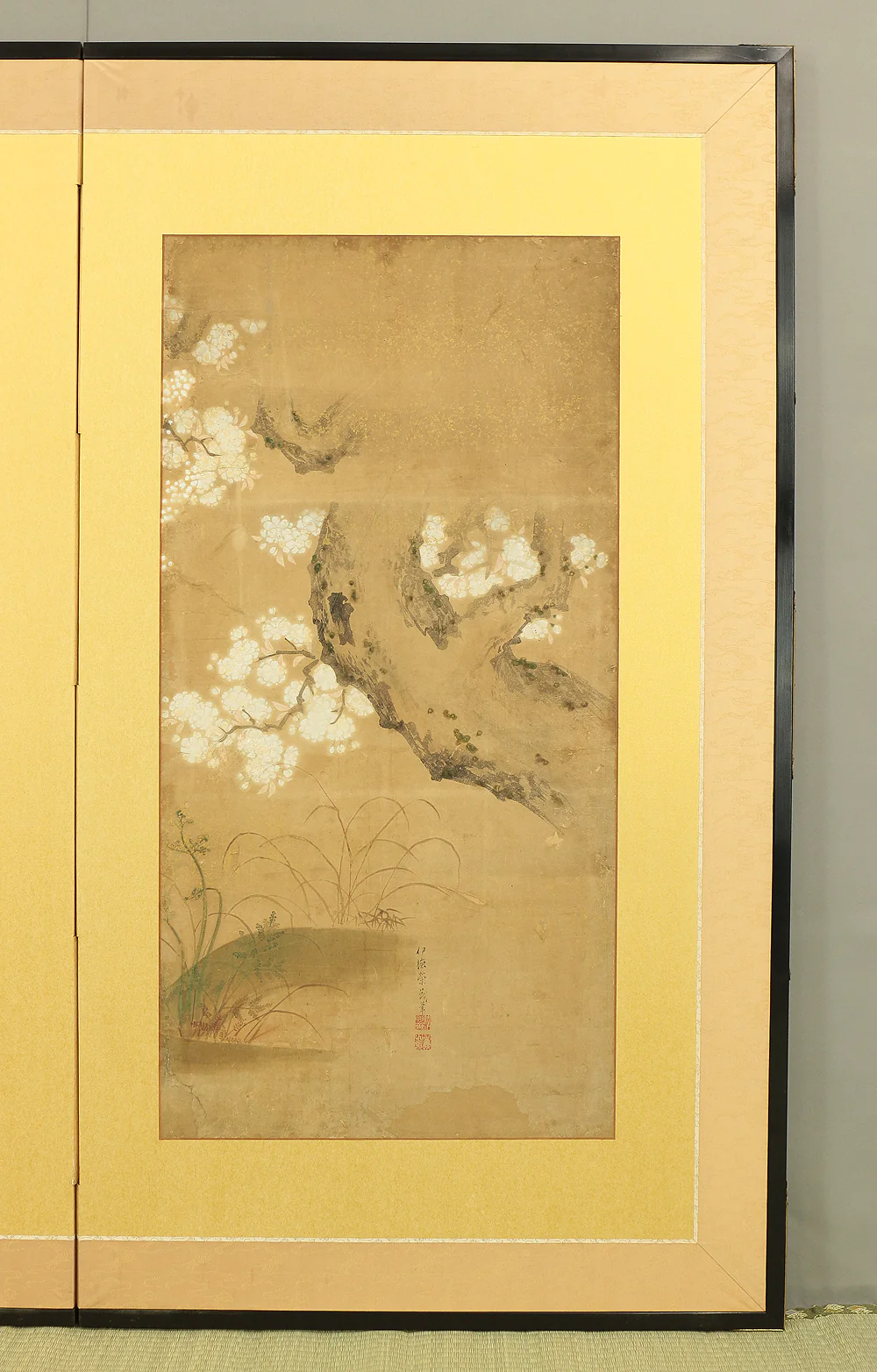 伊徳栄茂 Itoku Eimo Byobu Folding Screen Room divider Two panels / 'Cherry Blossoms, Peony, and Birds' VA352 - Image 21