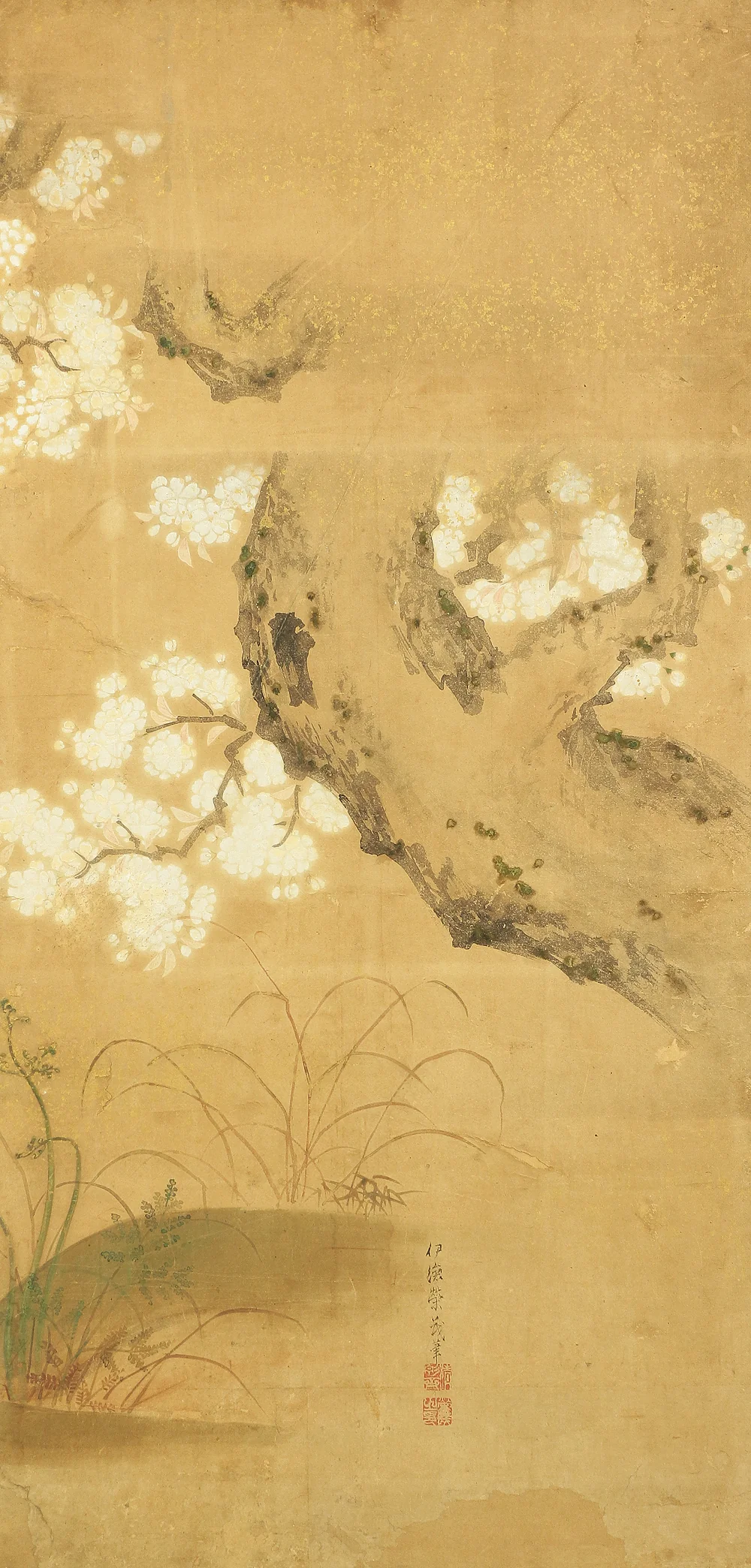 伊徳栄茂 Itoku Eimo Byobu Folding Screen Room divider Two panels / 'Cherry Blossoms, Peony, and Birds' VA352 - Image 22