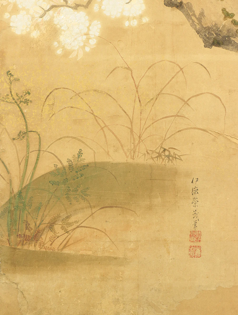 伊徳栄茂 Itoku Eimo Byobu Folding Screen Room divider Two panels / 'Cherry Blossoms, Peony, and Birds' VA352 - Image 27