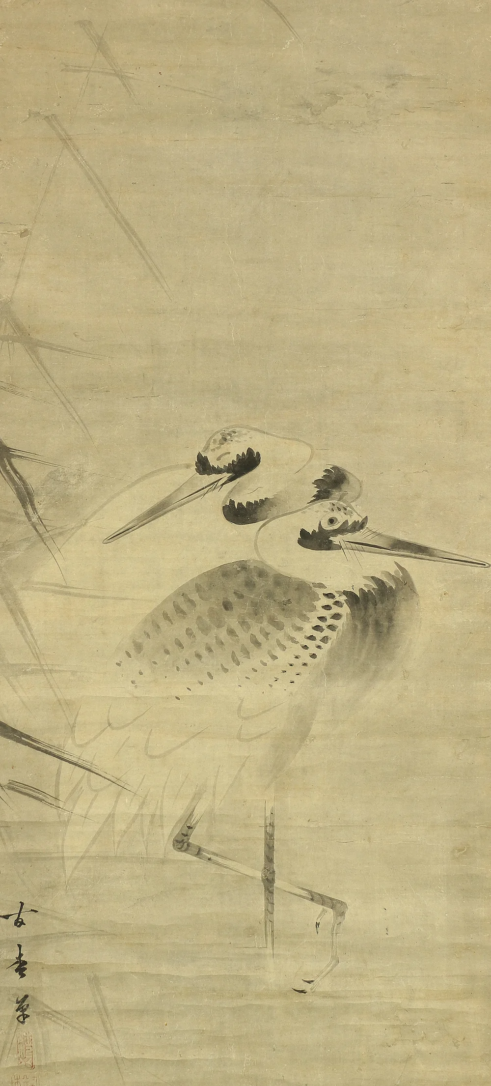 海北友松 Kaiho Yusho (1533-1615) Japanese antique art kakejiku kakemono wall hanging scroll / Suiboku Ink Twin Cranes with Box RC489 - Image 4