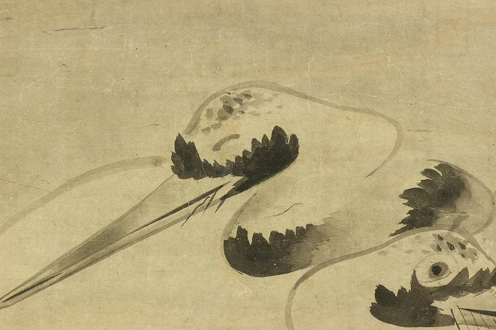 海北友松 Kaiho Yusho (1533-1615) Japanese antique art kakejiku kakemono wall hanging scroll / Suiboku Ink Twin Cranes with Box RC489 - Image 7