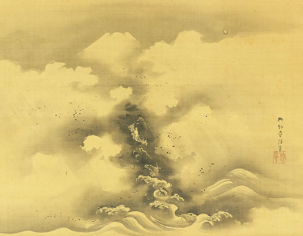 狩野章信 Kano Akinobu (1765-1826) Japanese antique art kakejiku kakemono wall hanging scroll / Dragon Crossing Over Mt. Fuji with Box RB517 - Image 5
