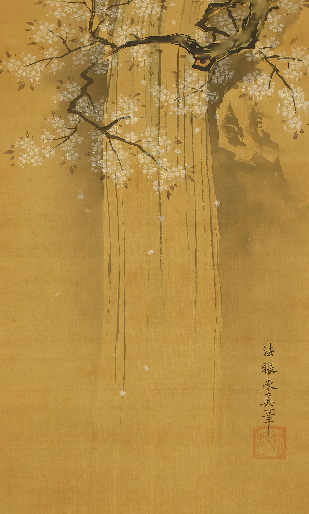 狩野永真安信 Kano Eishin Yasunobu (1613-1685) Japanese antique art a set of three kakejiku kakemono wall hanging scrolls / Waterfall Cherry Blossoms, Snowy Scenery, Autumn Leaves and Moon with Box RE896 - Image 10