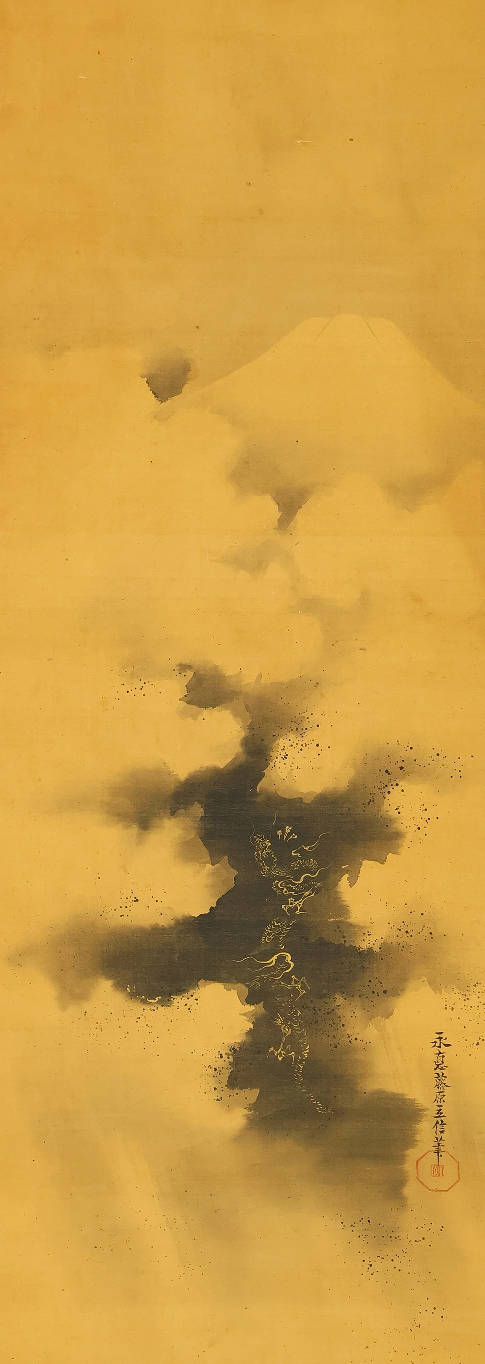 狩野永悳 Kano Eitoku (1815-1891) Japanese antique art kakejiku kakemono wall hanging scroll / Dragon Crossing Over Mount Fuji with Box RE636 - Image 4