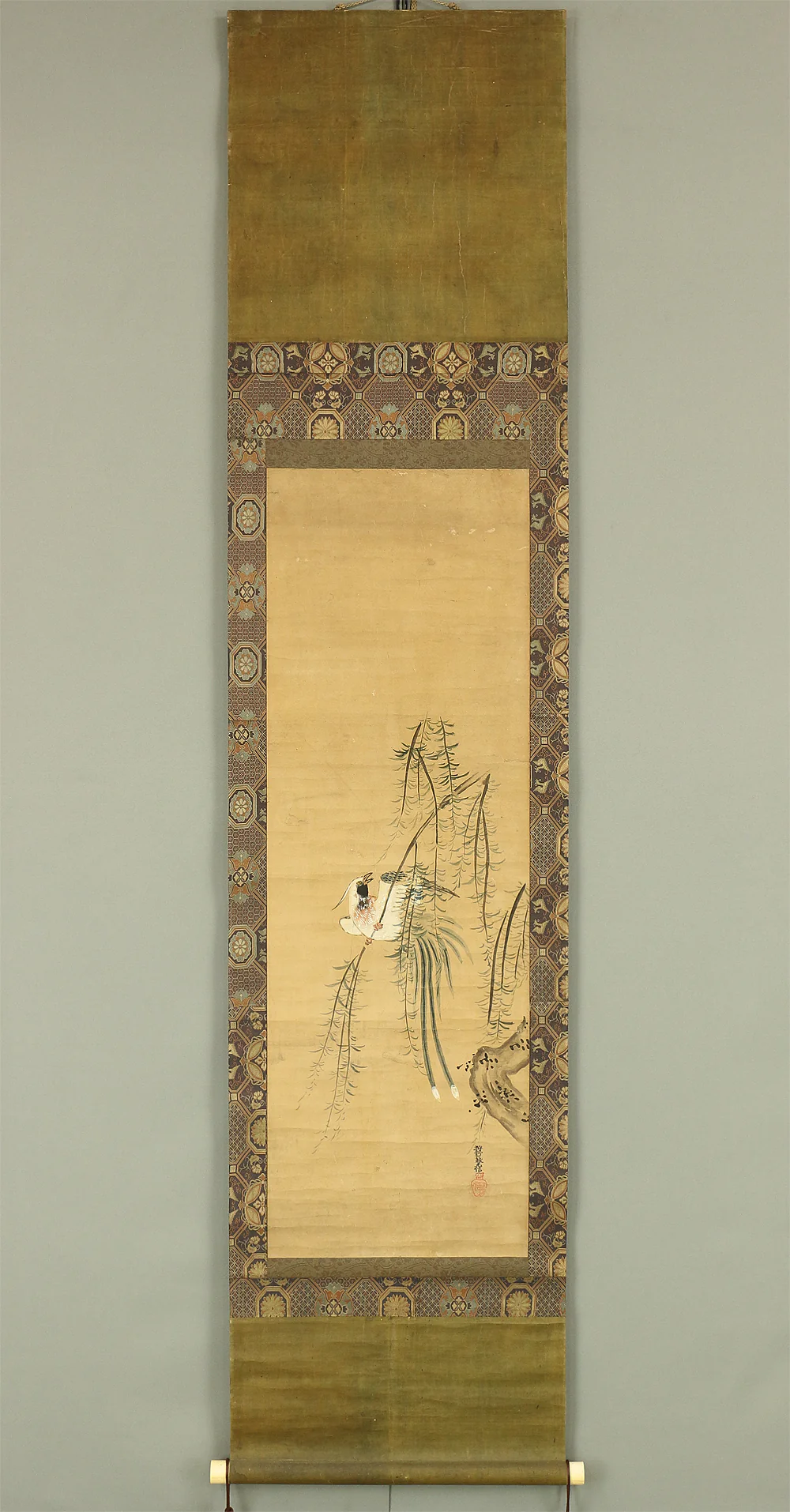狩野元信 Kano Motonobu  (1476-1559) Japanese antique art kakejiku kakemono wall hanging scroll / Long-tailed bird & willow W851 - Image 2
