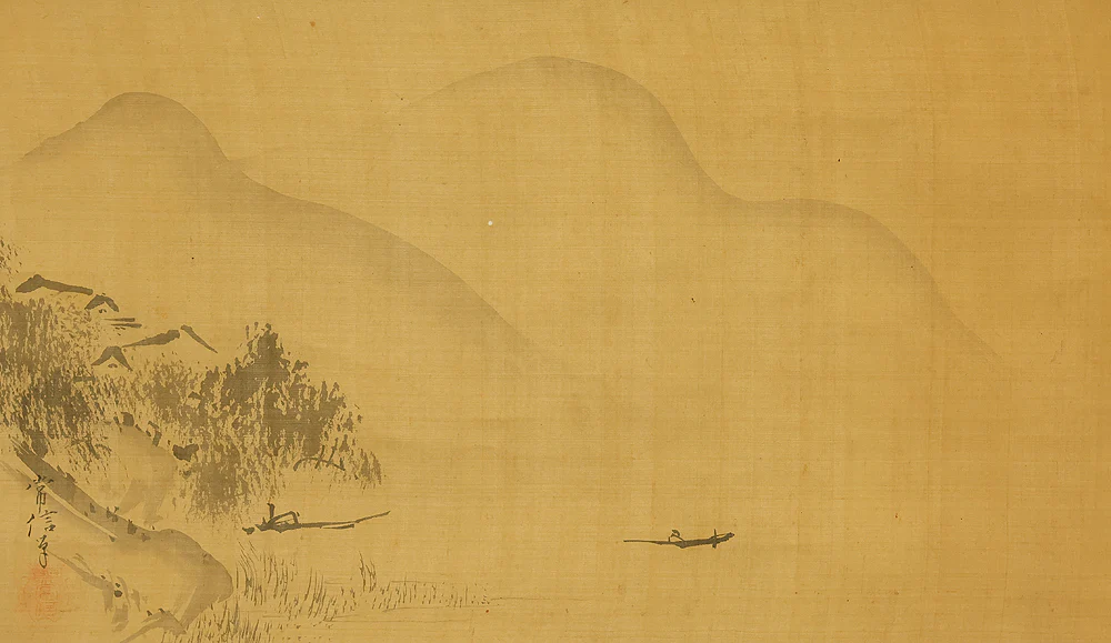 狩野常信 Kano Tsunenobu (1636-1713) Japanese antique art kakejiku kakemono wall hanging scroll / Suiboku Ink Sansui Mountain Landscapes Floating Boats with Box RE683 - Image 4