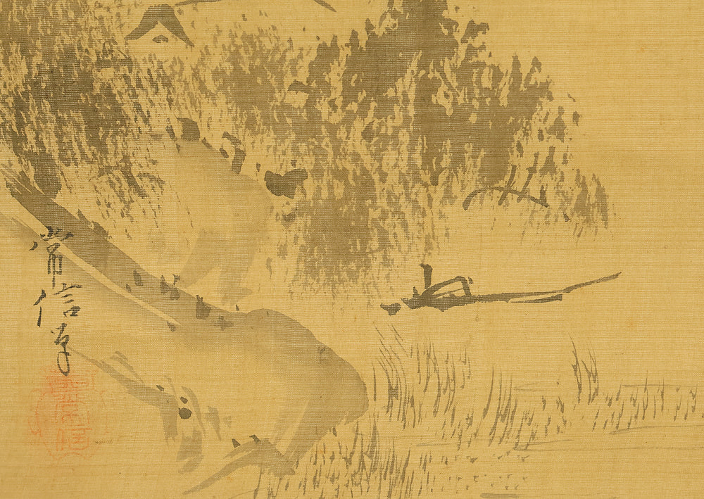 狩野常信 Kano Tsunenobu (1636-1713) Japanese antique art kakejiku kakemono wall hanging scroll / Suiboku Ink Sansui Mountain Landscapes Floating Boats with Box RE683 - Image 9