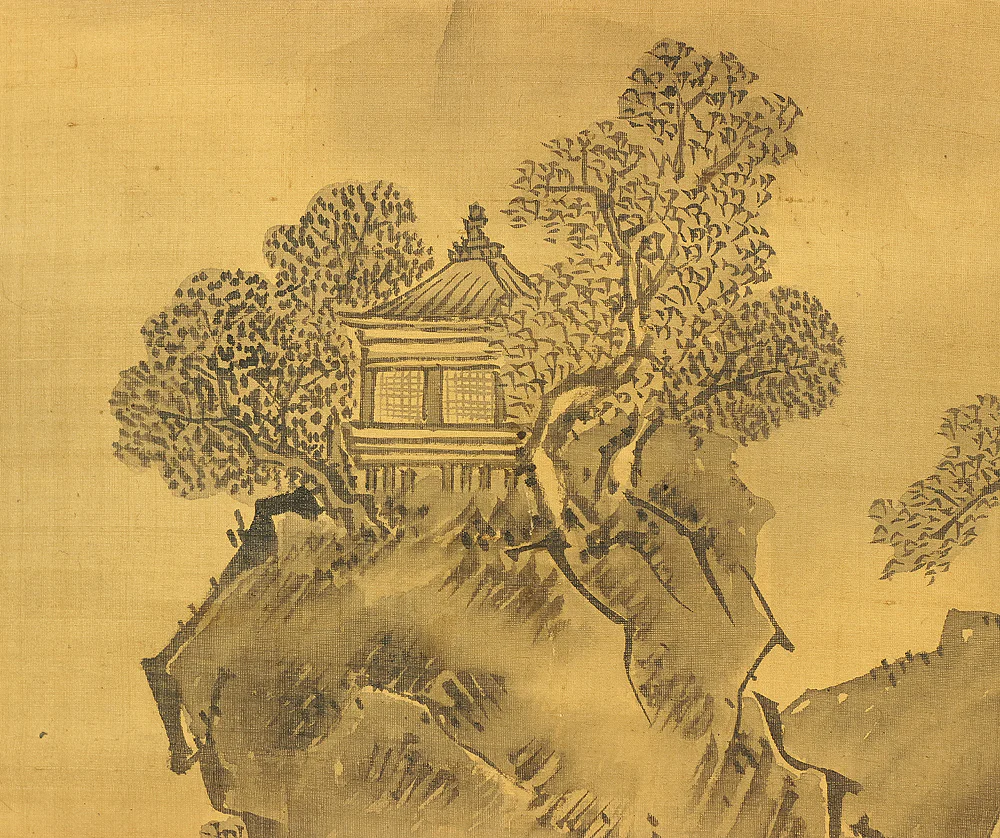 狩野常信 Kano Tsunenobu (1636-1713) Japanese antique art Paired kakejiku kakemono wall hanging scrolls / Broken Ink Landscape (Haboku Sansui) - Ink Landscape Pine Waterfall Jurojin (God of Longevity) with Box RA961 - Image 10