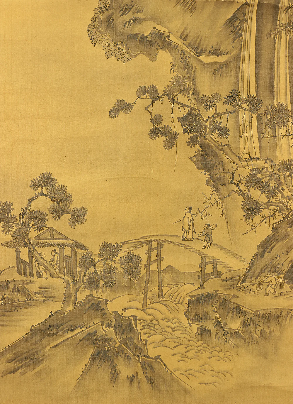 狩野常信 Kano Tsunenobu (1636-1713) Japanese antique art Paired kakejiku kakemono wall hanging scrolls / Broken Ink Landscape (Haboku Sansui) - Ink Landscape Pine Waterfall Jurojin (God of Longevity) with Box RA961 - Image 13